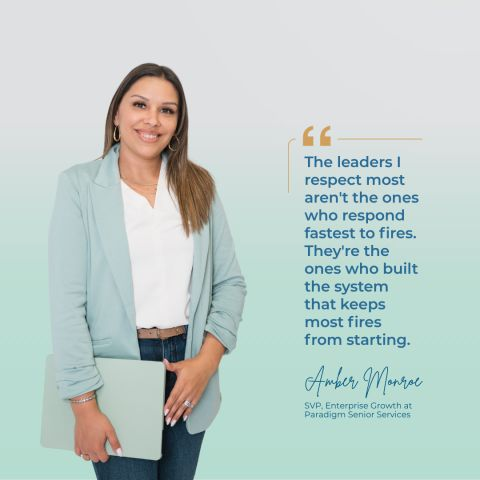 Amber Monroe leadership LinkedIn graphic about preventing repeat firefighting through stronger systems