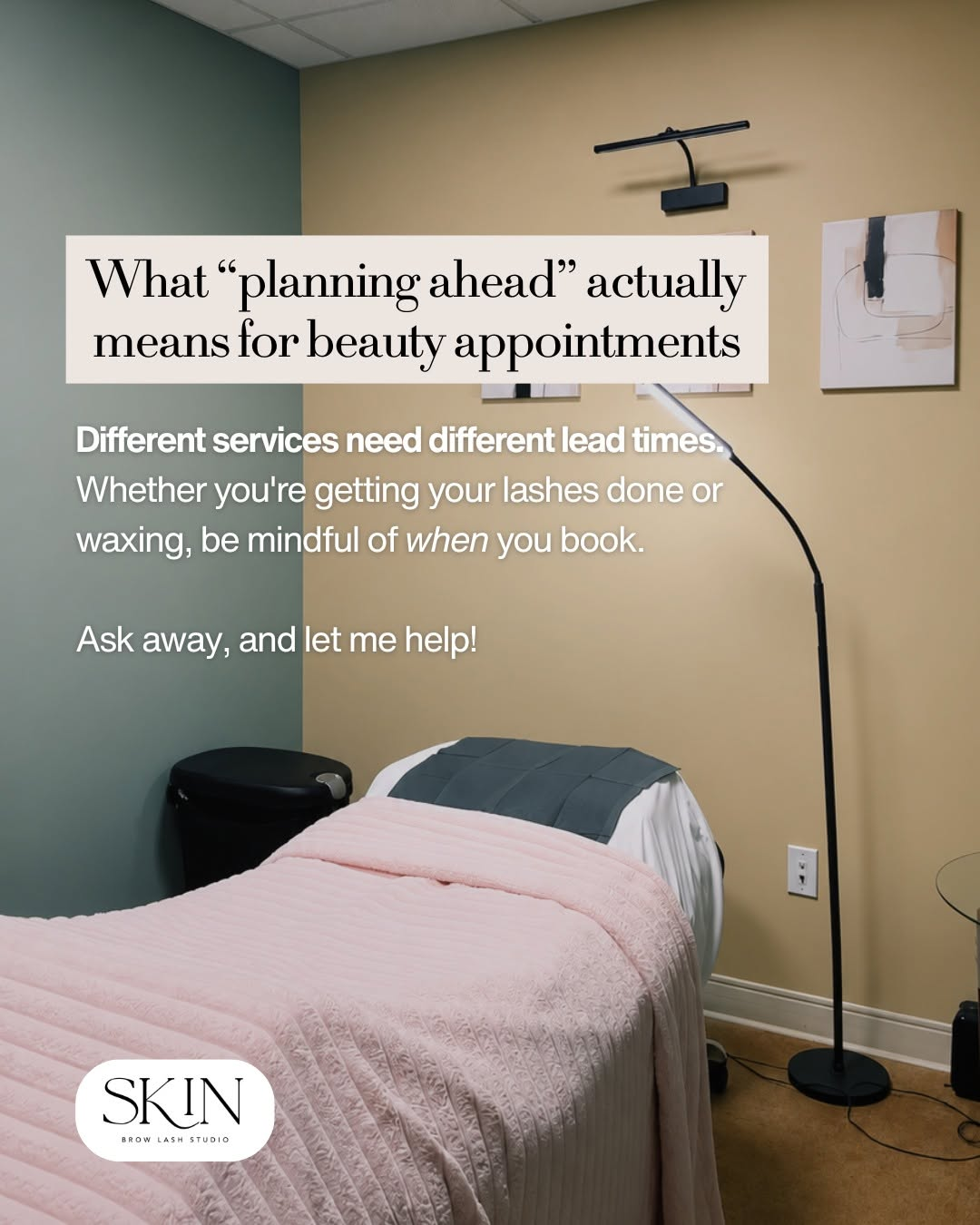 Skin Brow Lash Studio appointment planning beauty services graphic