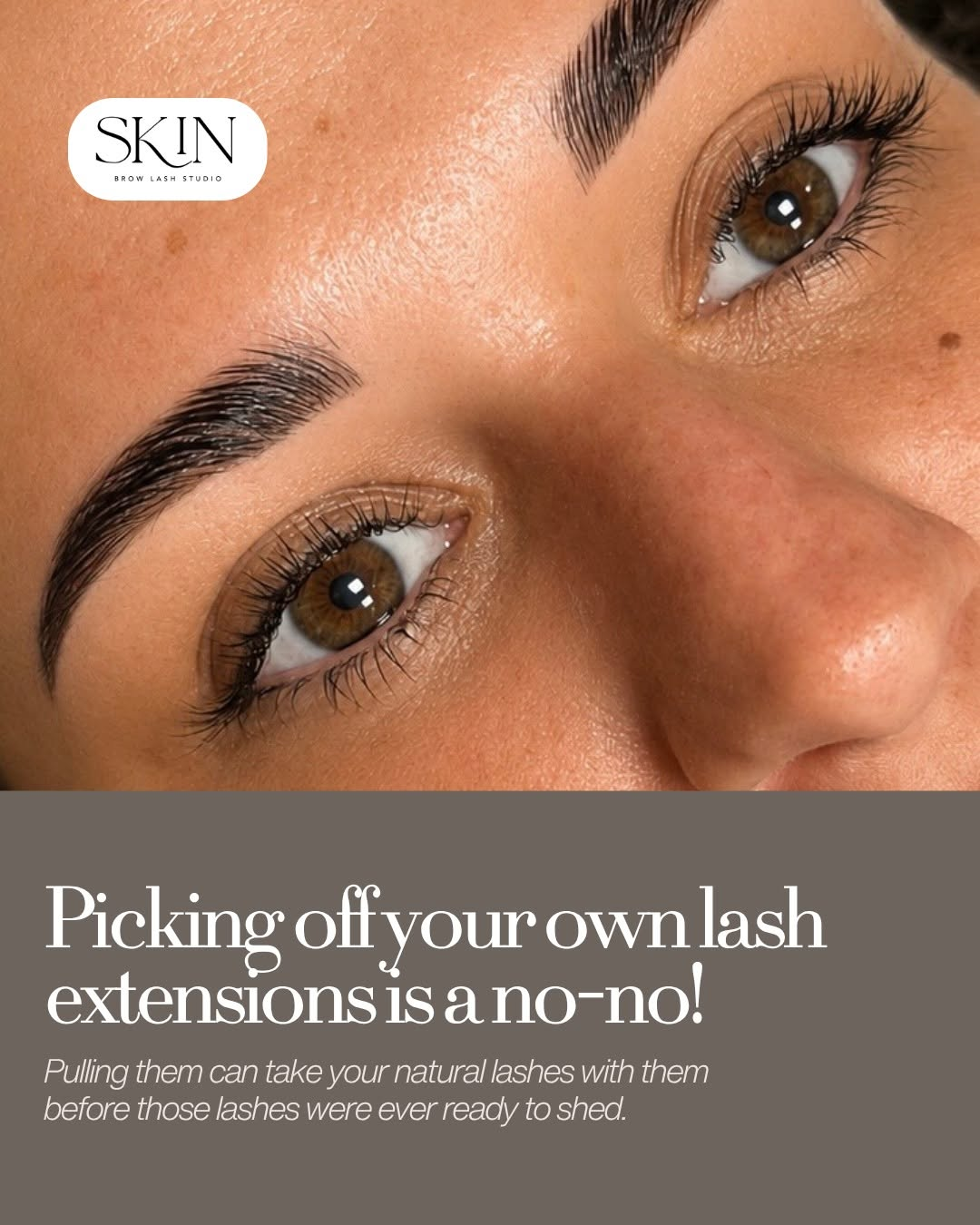 Skin Brow Lash Studio lash extension removal education graphic